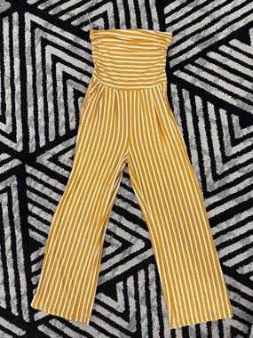 Heart Hips Mustard Yellow & White Strapless Wide-Leg Jumpsuit